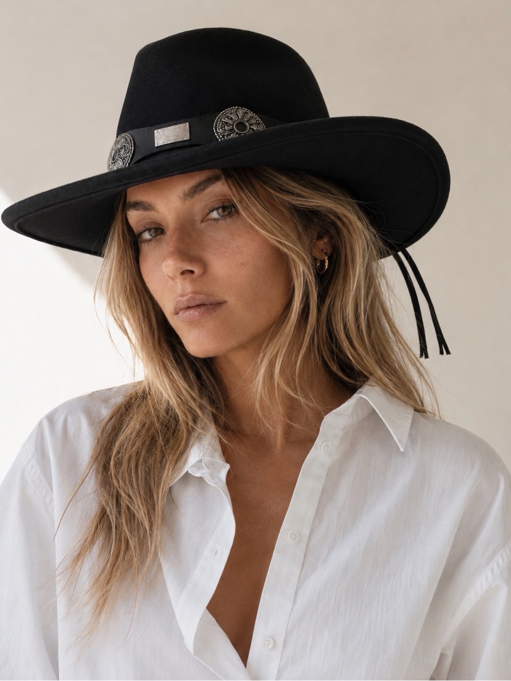Zara Black Western Cowboy Hat Medium Concho Band Wide Brim Rancher Boho Festival